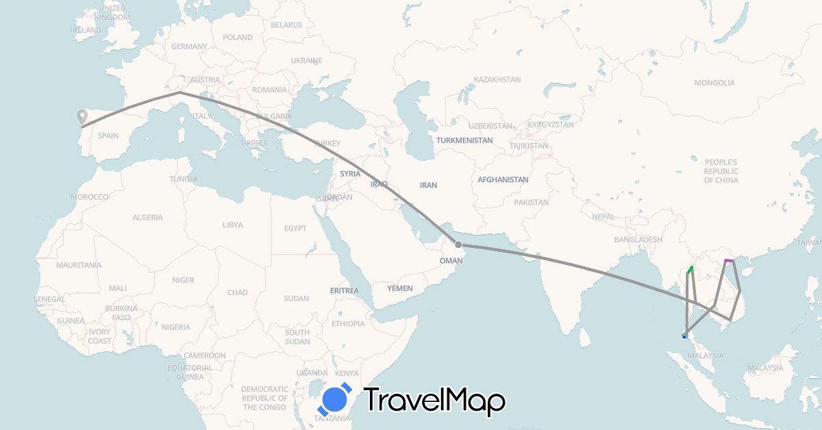 TravelMap itinerary: driving, bus, plane, train, boat in Italy, Cambodia, Oman, Portugal, Thailand, Vietnam (Asia, Europe)